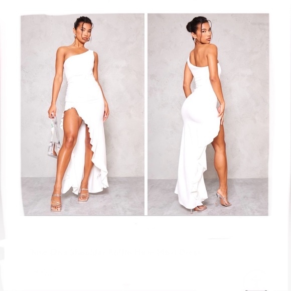 PRETTY LITTLE THING Women’s 12 White ONE SHOULDER RUFFLE HEM MAXI DRESS - Picture 1 of 5